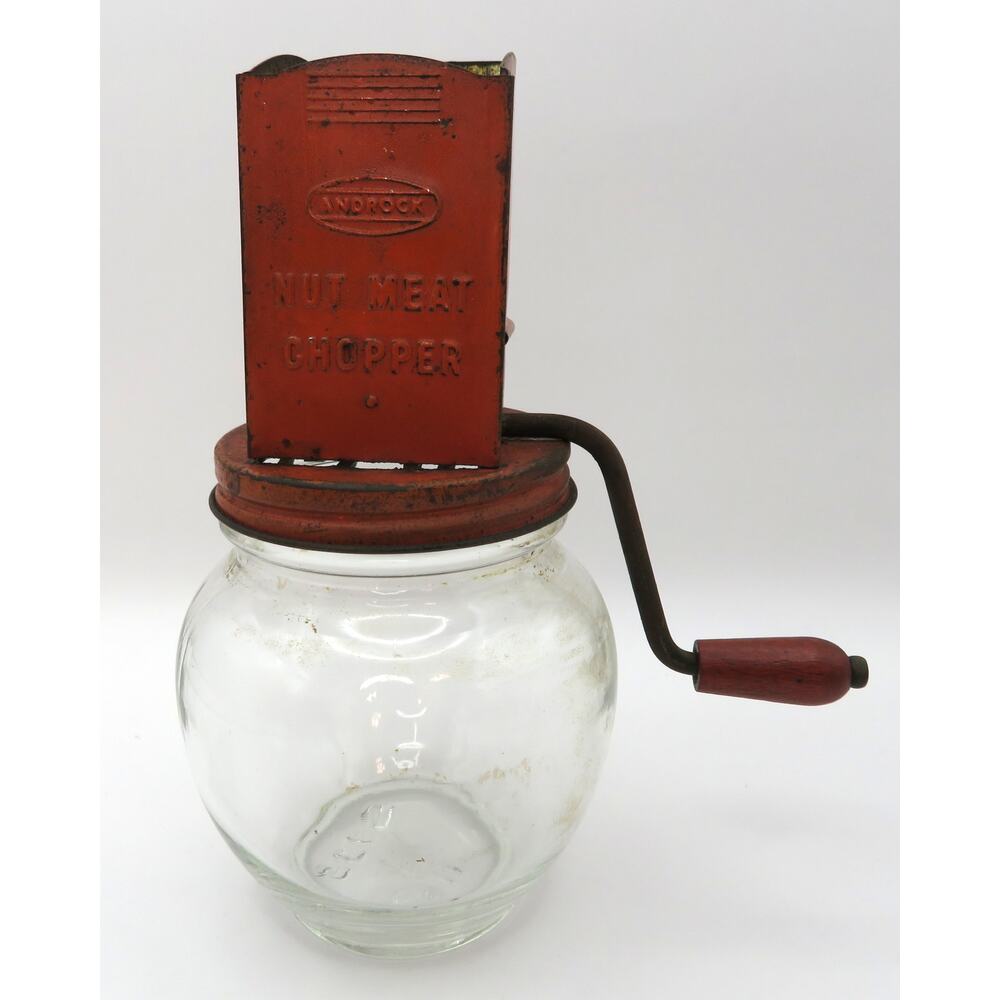 Vintage Androck Nut Meat Chopper with Glass Jar Red Metal Top Farmhouse Kitchen